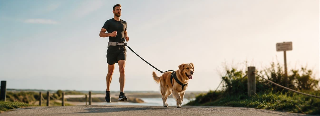 Corredor com cão em estrada ao amanhecer, usando a guia Speedogo